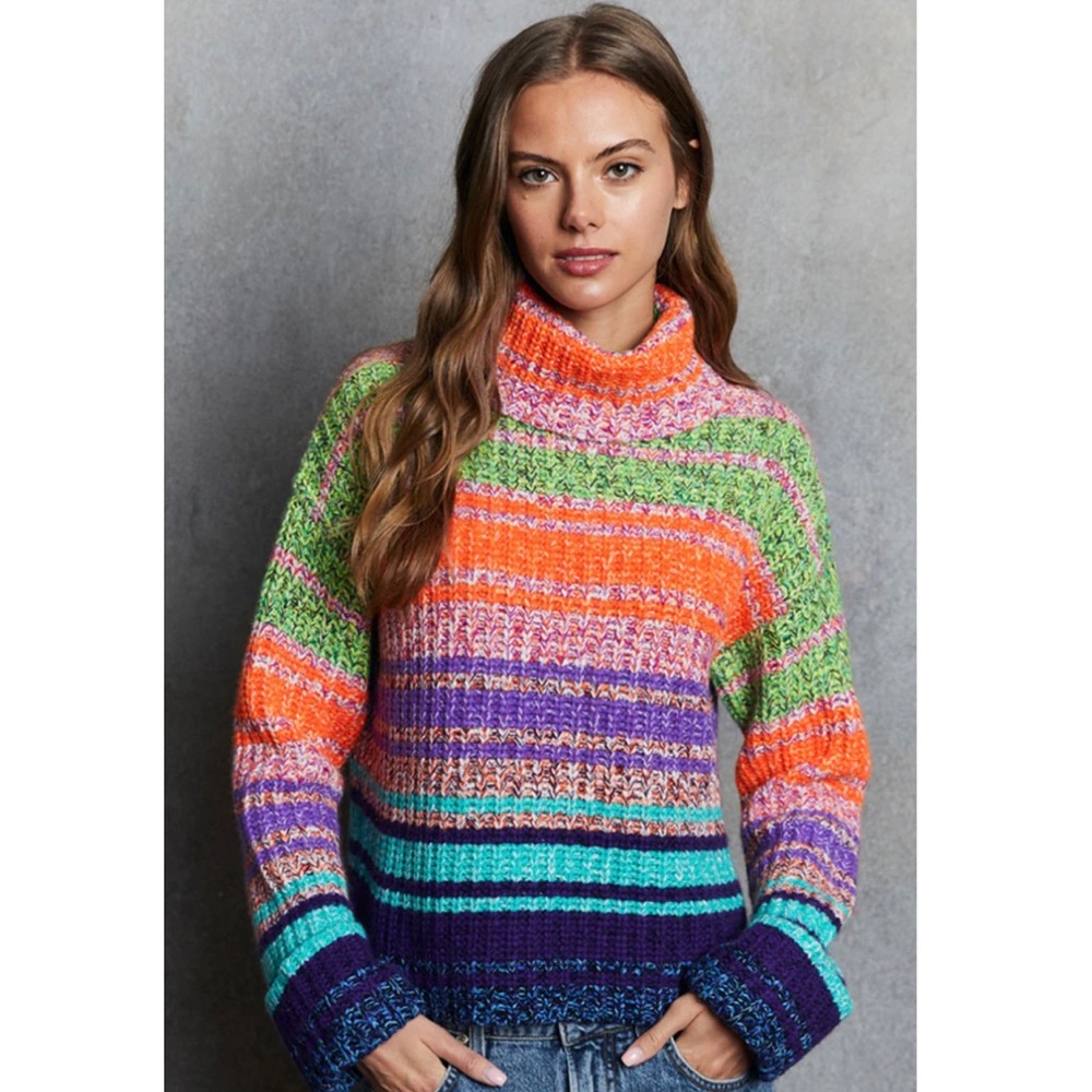 Autumn Cashmere 100% Cashmere Gradient Marled Cowl Turtleneck Sweater Striped S